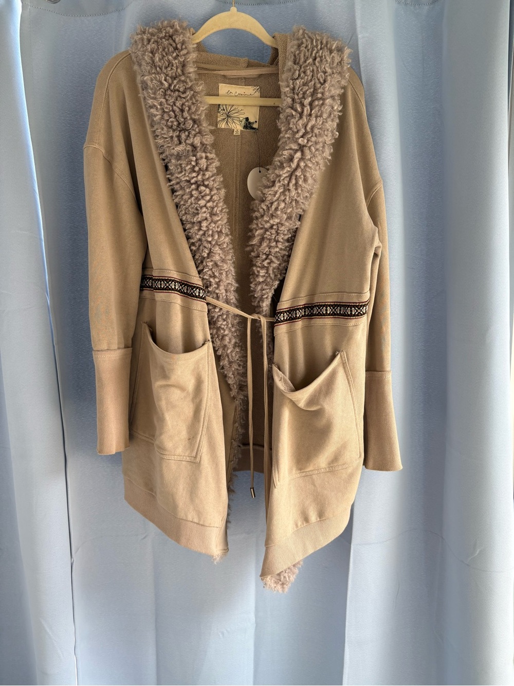 En Crème oversized jacket cardigan new NWT tan fur lined tie anthropologie